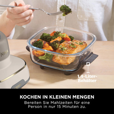Ninja CRISPi tragbare Airfryer Heißluftfritteuse, 3,8 l, 4-in-1: Heißluftfrittieren, Braten, Warmhalten, Recrisp, 6 Portionen, 2x herausnehmbare Glasbehälter & Deckel, 1700 W, Stone Gold FN101EUSTGD