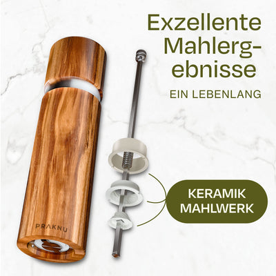 Salz und Pfeffermühle aus Akazienholz mit Untersetzer - Nachhaltiges FSC® Holz - Langlebiges Keramikmahlwerk - Plastikfrei