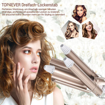 3 Fässer welleneisen, TOP4EVER lockenstab mit 3 stäben mit einstellbarer Temperatur, Welleisen Schnelle Heizung Große Welle für Lange/kurze Haare, Haar Styling Werkzeug 22mm