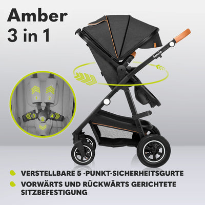 LIONELO Amber Kinderwagen 3 in 1 Kombikinderwagen Set sportlicher Sitz fester Babywanne Autositz Tasche Moskitonetz Regenschutz XXL-Dach mit Sonnenschutz (GRAU GRAFIT)