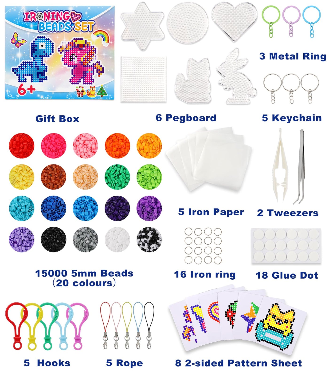 Ophy Bügelperlen Set | 15000 Stück 5mm Bügelperlen mit Dreilagiger Aufbewahrungsbox, 6 Bügelperlen Platten, 16 Muster, 5 Bügelpapiere, 20 Farben DIY Bügelperlenn, 3D für Kinder Geschenk Bastelideen