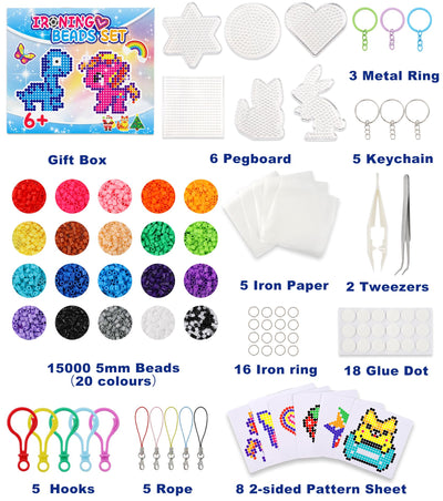 Ophy Bügelperlen Set | 15000 Stück 5mm Bügelperlen mit Dreilagiger Aufbewahrungsbox, 6 Bügelperlen Platten, 16 Muster, 5 Bügelpapiere, 20 Farben DIY Bügelperlenn, 3D für Kinder Geschenk Bastelideen