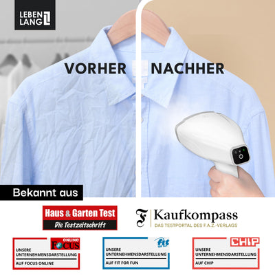 LEBENLANG Steamer Dampfglätter TESTSIEGER - 1500W & 300ml inkl. Bügelhandschuh & Aufsätze I Pro Dampfsteamer für Kleidung & Clothing I Dampfbügeleisen Stiemer Bügeleisen for Hand held steam iron & go