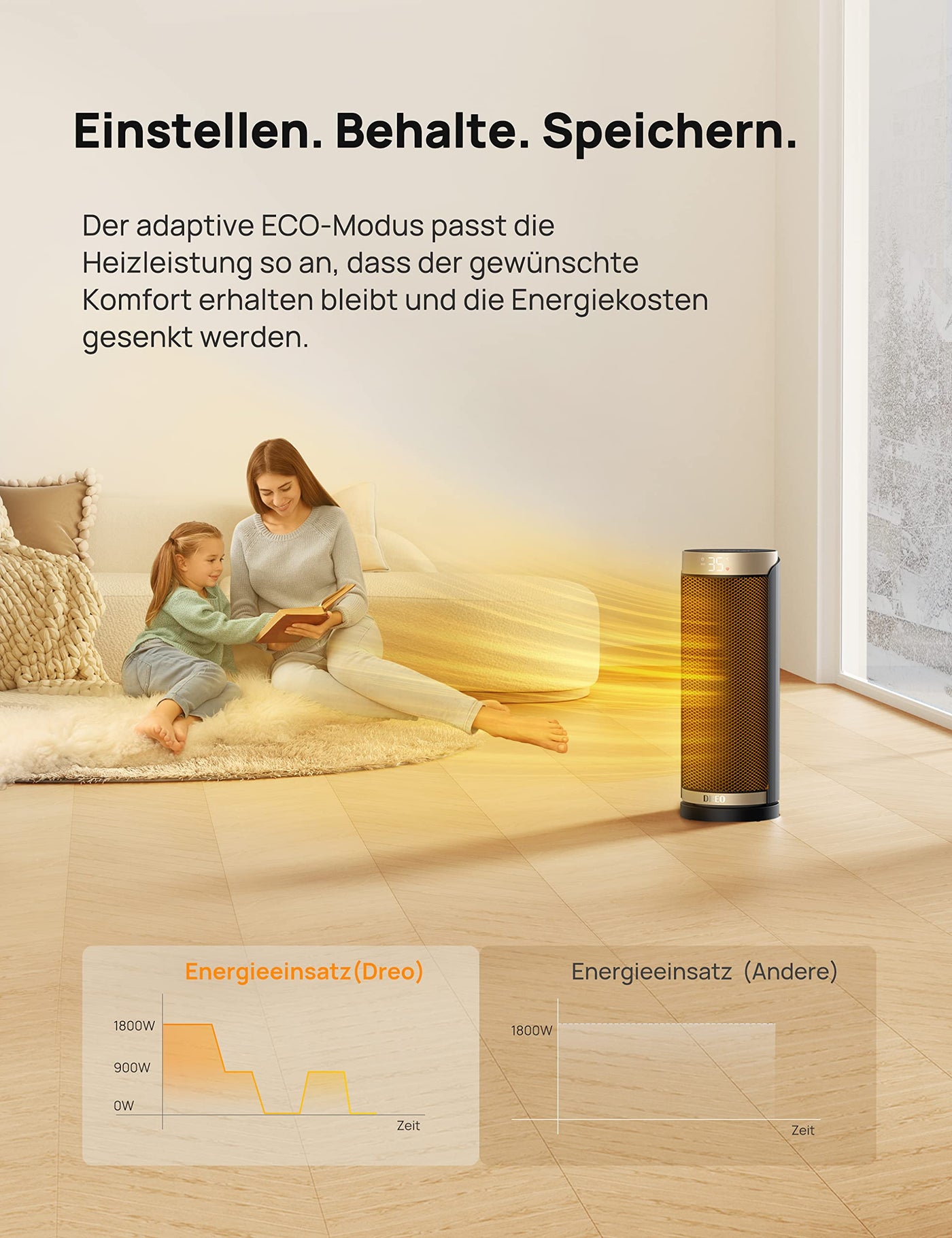 Dreo Heizlüfter Energiesparend, PTC Keramik Heizlüfte Leise, 70° Oszillierend Elektroheizung mit Fernbedienung, 12-Std-Timer, 3 Modus 3 Geschwindigkeit, Überhitzungs-Kippschutz, Solaris Slim H3
