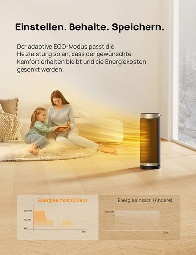 Dreo Heizlüfter Energiesparend, PTC Keramik Heizlüfte Leise, 70° Oszillierend Elektroheizung mit Fernbedienung, 12-Std-Timer, 3 Modus 3 Geschwindigkeit, Überhitzungs-Kippschutz, Solaris Slim H3
