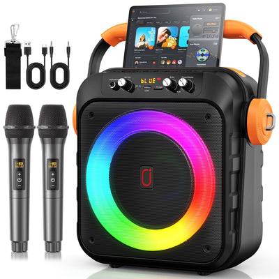 JYX Karaoke Maschine, Karaoke Anlage Mit 2 Mikrofonen, Tragbare Karaoke Maschine Mit 2 Drahtlosen Mikrofone, Bluetooth Lautsprecher Box Für Erwachsene/Kinder Mit Led Lichteffekte