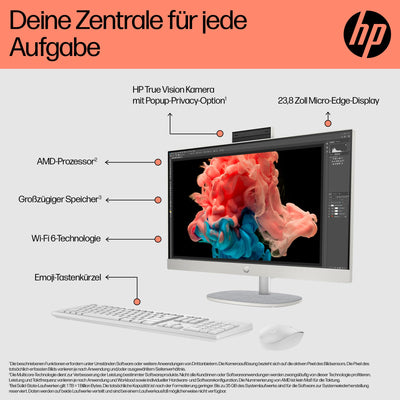 HP All-in-One PC | 23,8" FHD-Display | AMD Ryzen 7 7730U | 16 GB DDR4 RAM | 512 GB SSD | AMD Radeon -Grafikeinheit | Windows 11 Home | Weiß