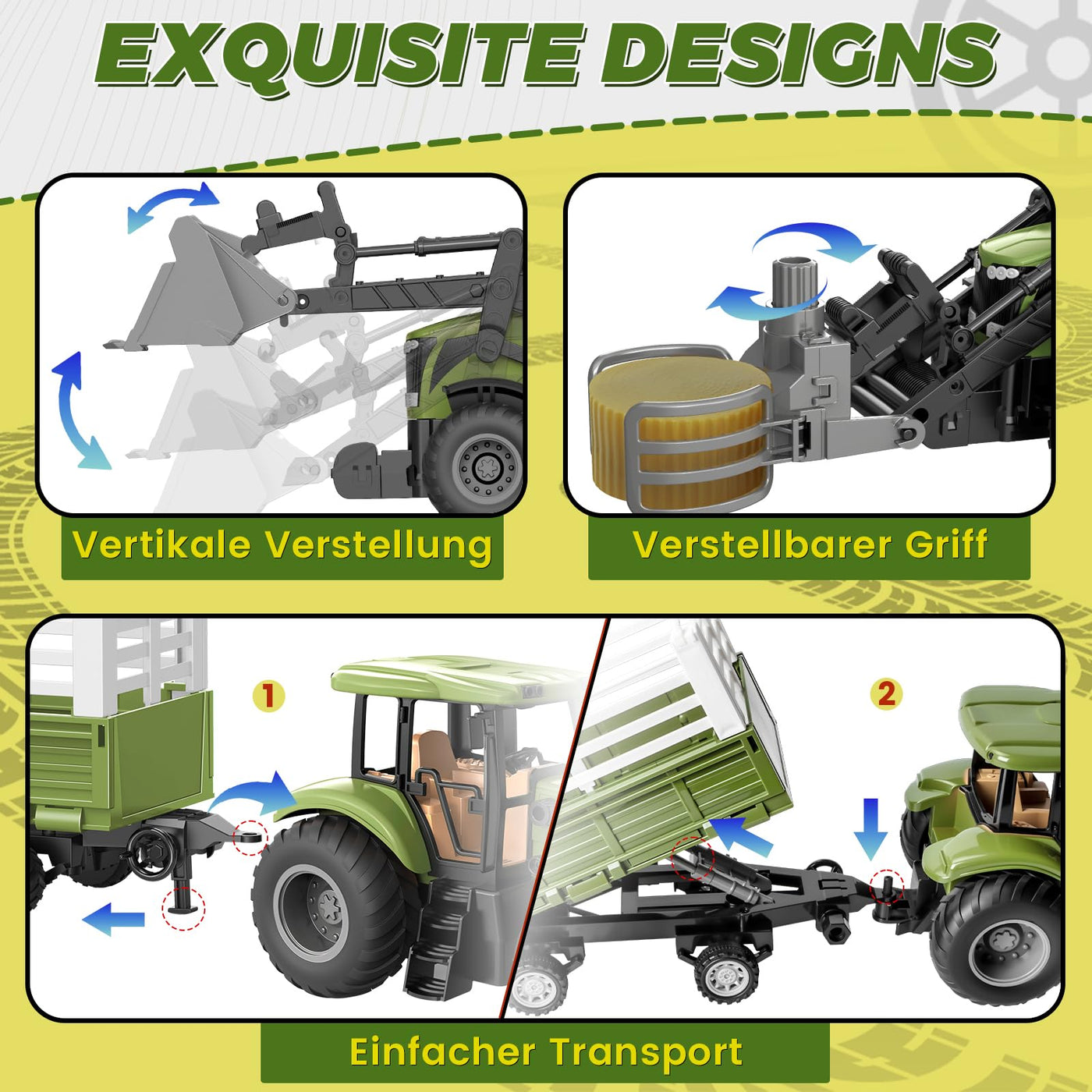 JONRRYIN Ferngesteuerter Traktor, 16 Stück Traktor mit Anhänger, 2.4 GHz Fernbedienung & App 2X Wiederaufladbare Batterien, 3X Fahrzeugfront, Kuh, Heuhaufen Bauernhof Spielzeug ab 4 5 6 7 8 9 Jahre