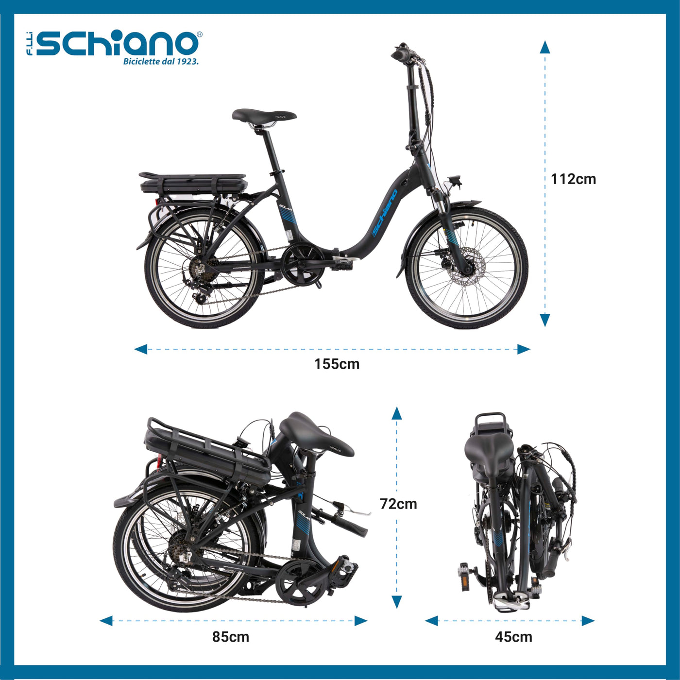 F.lli Schiano Solar, E Bike Klappbar 20 Zoll, 36V 10.4Ah Abnehmbarer Akku, Motor 250W 40Nm, Klapprad Ebike für Herren/Damen, Schwarz