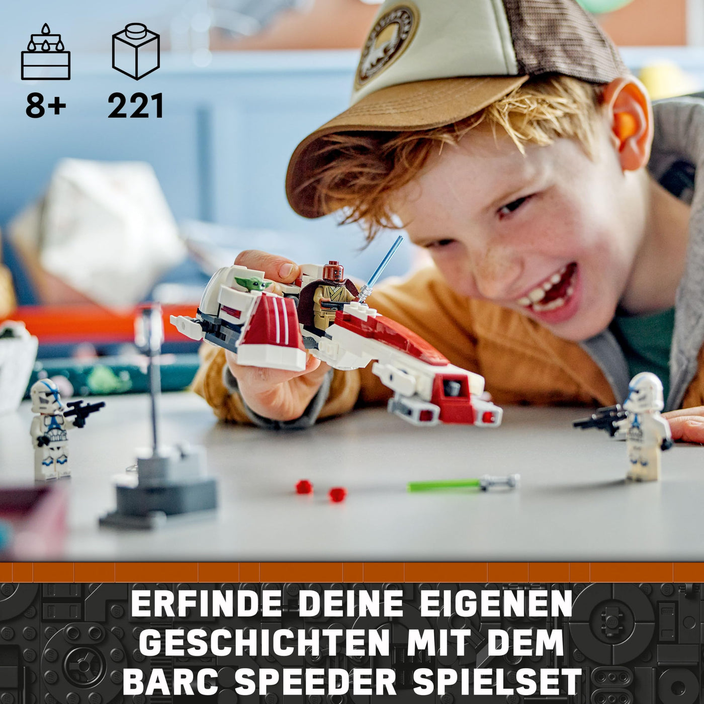 LEGO Star Wars Flucht mit dem BARC Speeder, The Mandalorian Set, Spielzeug-Bike mit Seitenwagen, enthält die Figuren Kelleran Beq und Grogu, Geschenk für Jungen und Mädchen ab 8 Jahren 75378
