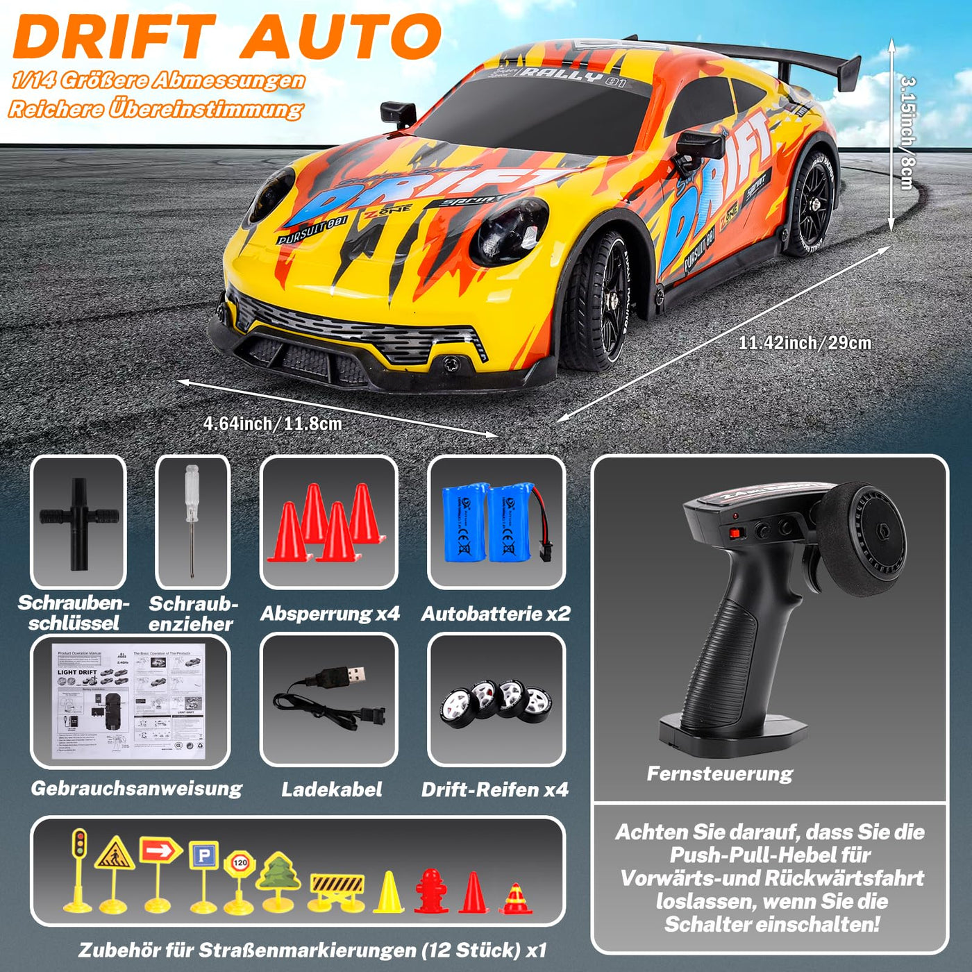 JONRRYIN Drift Ferngesteuertes Auto, RC Drift Car, 1:14 4WD Fernbedienung Rennwagen mit Driftfunktion, LED-Leuchten, 25km/h, Spielzeugauto für Erwachsene und Kinder ab 8 Jahre älter