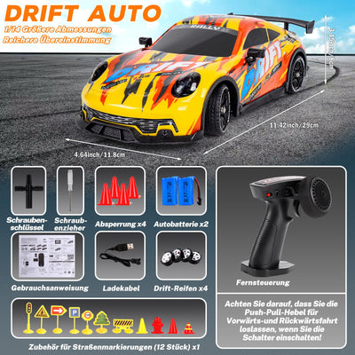 JONRRYIN Drift Ferngesteuertes Auto, RC Drift Car, 1:14 4WD Fernbedienung Rennwagen mit Driftfunktion, LED-Leuchten, 25km/h, Spielzeugauto für Erwachsene und Kinder ab 8 Jahre älter