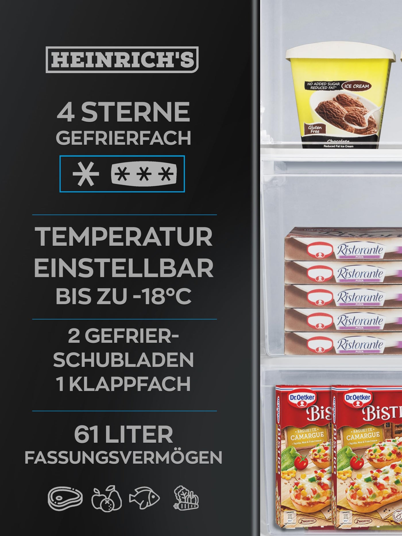Heinrich´s Gefrierschrank 61Liter -18°C Freezer 3x Gefrierschublade, 7 Stufen Temperaturregler,Airflow, wechselbarer Türanschlag, schwarz