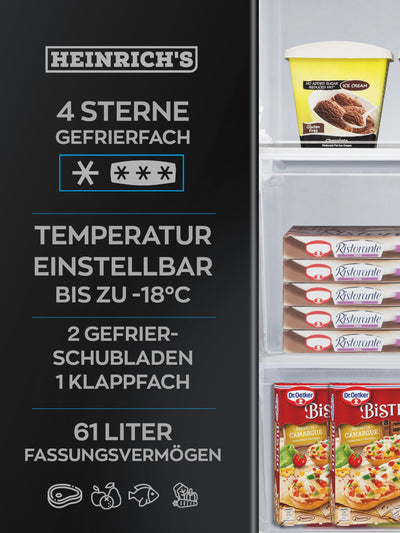 Heinrich´s Gefrierschrank 61Liter -18°C Freezer 3x Gefrierschublade, 7 Stufen Temperaturregler,Airflow, wechselbarer Türanschlag, schwarz