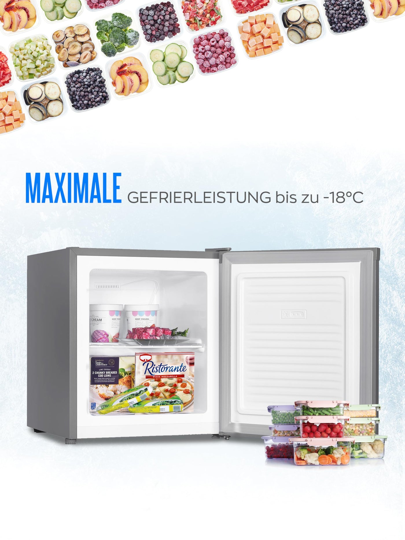 Heinrich´s Mini Gefrierschrank 33L -18°C klein kompakt leise:40db Gefrierbox; wechselbarer Türanschlag; mini Tiefkühltruhe Tiefkühlschrank,perfekt für Büro Camping Outdoor (Edelstahl/Inox)