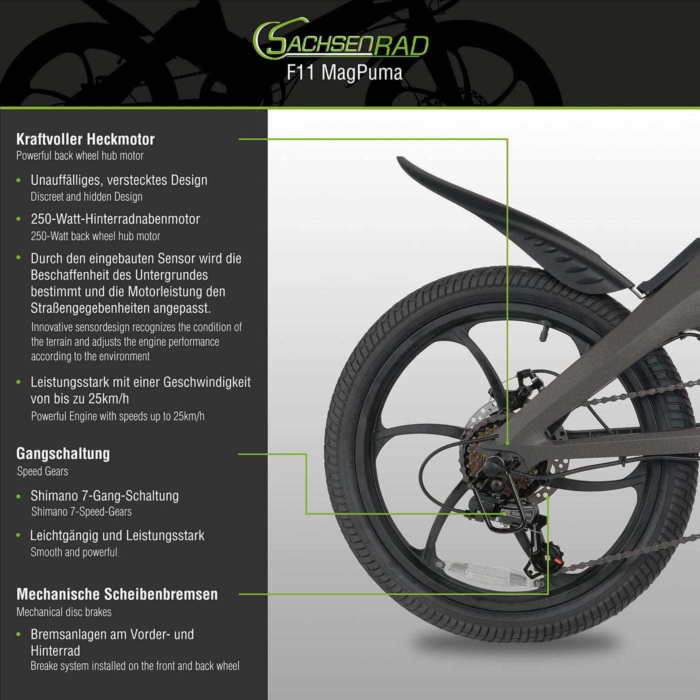 SachsenRAD F11 MagPuma Falt-Elektrofahrrad mit IF-Designsieger-Transporttasche, ultraleichter Magnesiumrahmen nur 19 kg, 20 Zoll mit StVZO-Zulassung