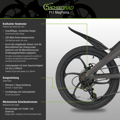 SachsenRAD F11 MagPuma Falt-Elektrofahrrad mit IF-Designsieger-Transporttasche, ultraleichter Magnesiumrahmen nur 19 kg, 20 Zoll mit StVZO-Zulassung