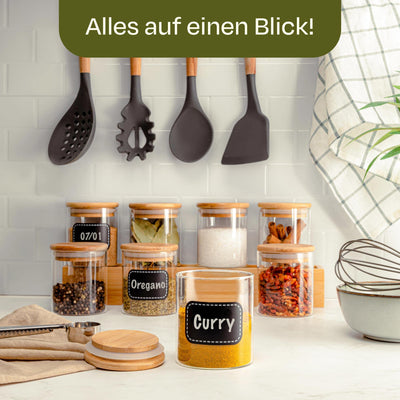Praknu Gewürzgläser Groß- 8er Set 250ml - mit Etiketten zum Beschriften - Luftdicht - Spülmaschinenfest - Küchenorganisation - für Gewürze, Kräuter & Tee (8x 250ml)