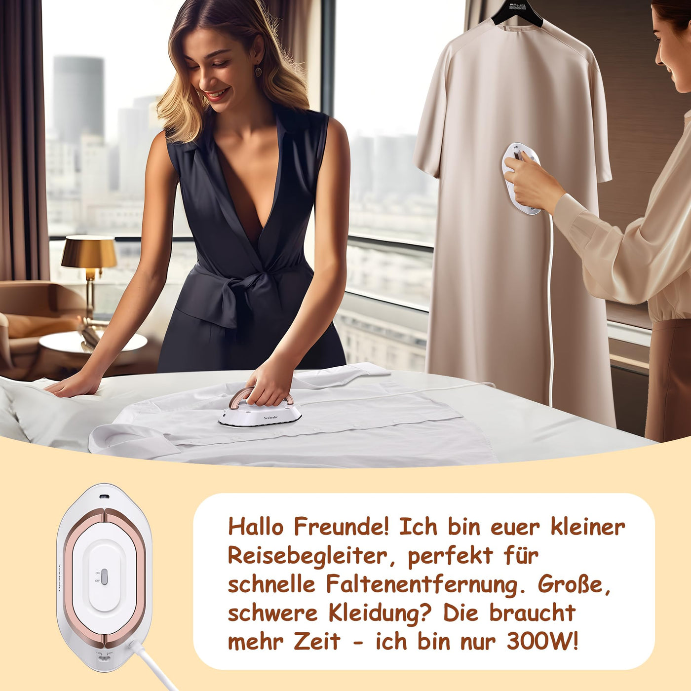 Newbealer Mini Reisebügeleisen mit umschaltbarer Spannung-220V/120V, Kompaktes Bügeleisen für Kleidung (kein Dampf), Keramikfläche, 150 °C Heißpress mit Sprühflasche, Beutel und Silikonständer