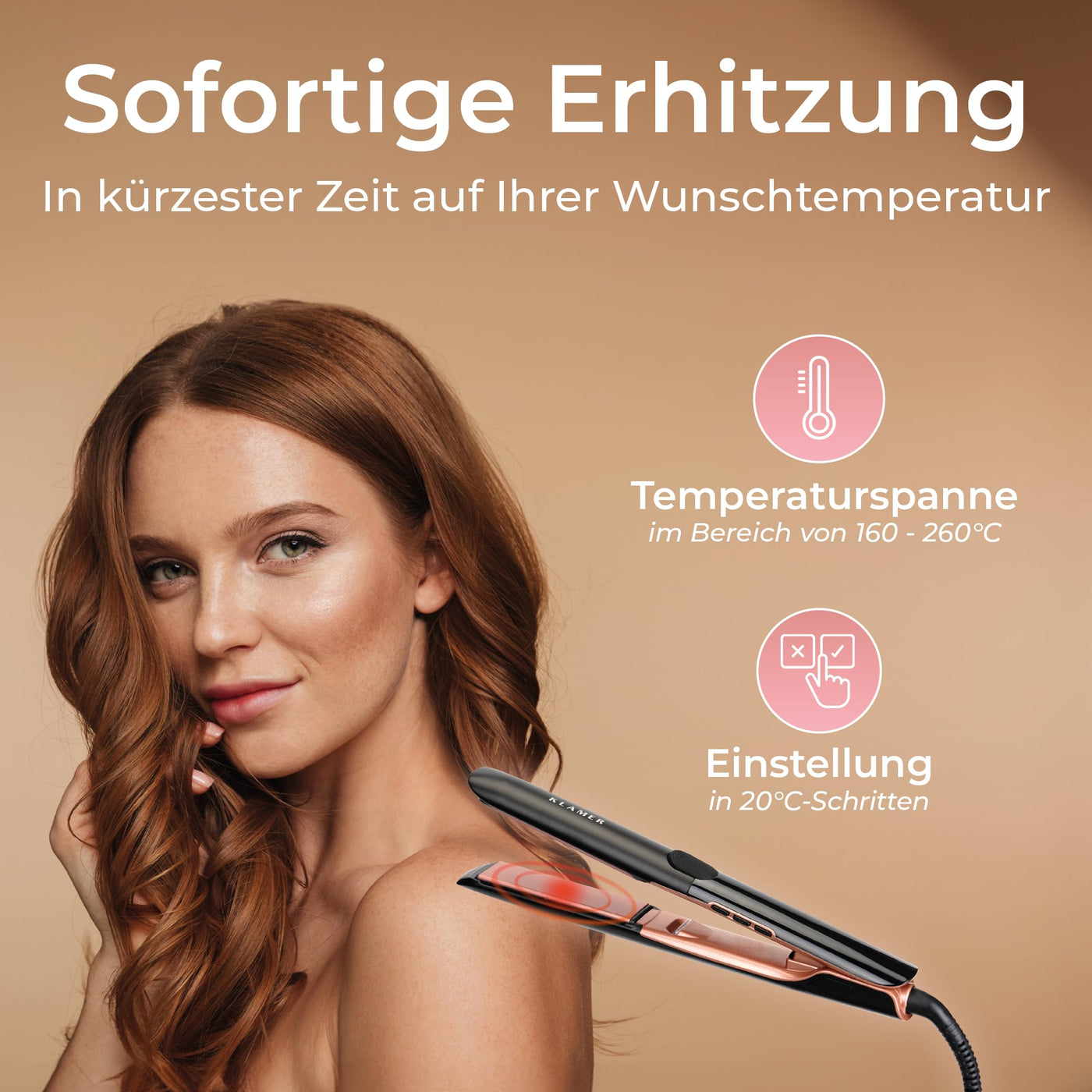 KLAMER Glätteisen 2 in 1,Haarglätter mit Ionen Technologie: weniger Frizz & statische Aufladung, Premium Keramik Beschichtung, 20s Schnellaufheizung, LCD-Display, 160°C -260°C, rosé