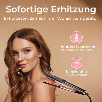 KLAMER Glätteisen 2 in 1,Haarglätter mit Ionen Technologie: weniger Frizz & statische Aufladung, Premium Keramik Beschichtung, 20s Schnellaufheizung, LCD-Display, 160°C -260°C, rosé