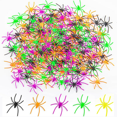 100 Stück Halloween Spinnen Deko - Halloween realistische Spinnen mit 5 Farben, Kunststoff kleine gefälschte Spinne Spielzeug Terror lustige Prank Requisiten für Halloween Party Dekorationen