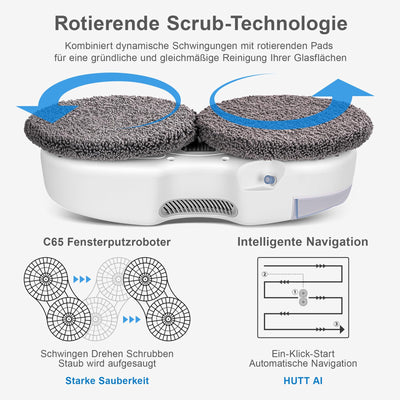 HUTT C65 Fensterputzroboter mit Sprühfunktion, Elektrischer Fensterputzer Fernbedienung mit 80ML Tank, Fensterreiniger Roboter Automatischer, für Innen- und Außenfenster, 10x Lappen, Koffer