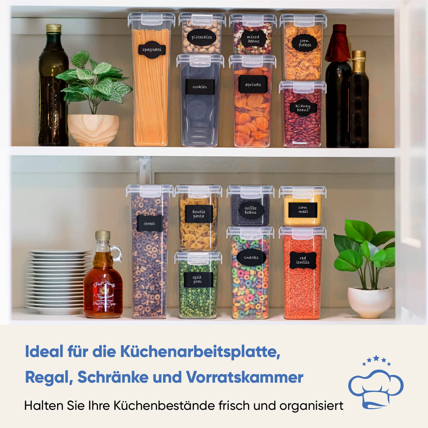 Luftdichtes Frischhaltedosen-Set, 24-teilig, Küchen- und Speisekammer-Organisation, BPA-frei, Kunststoffdosen mit robusten Deckeln, ideal für Müsli, Mehl und Zucker, Etiketten, Marker und Löffel-Set