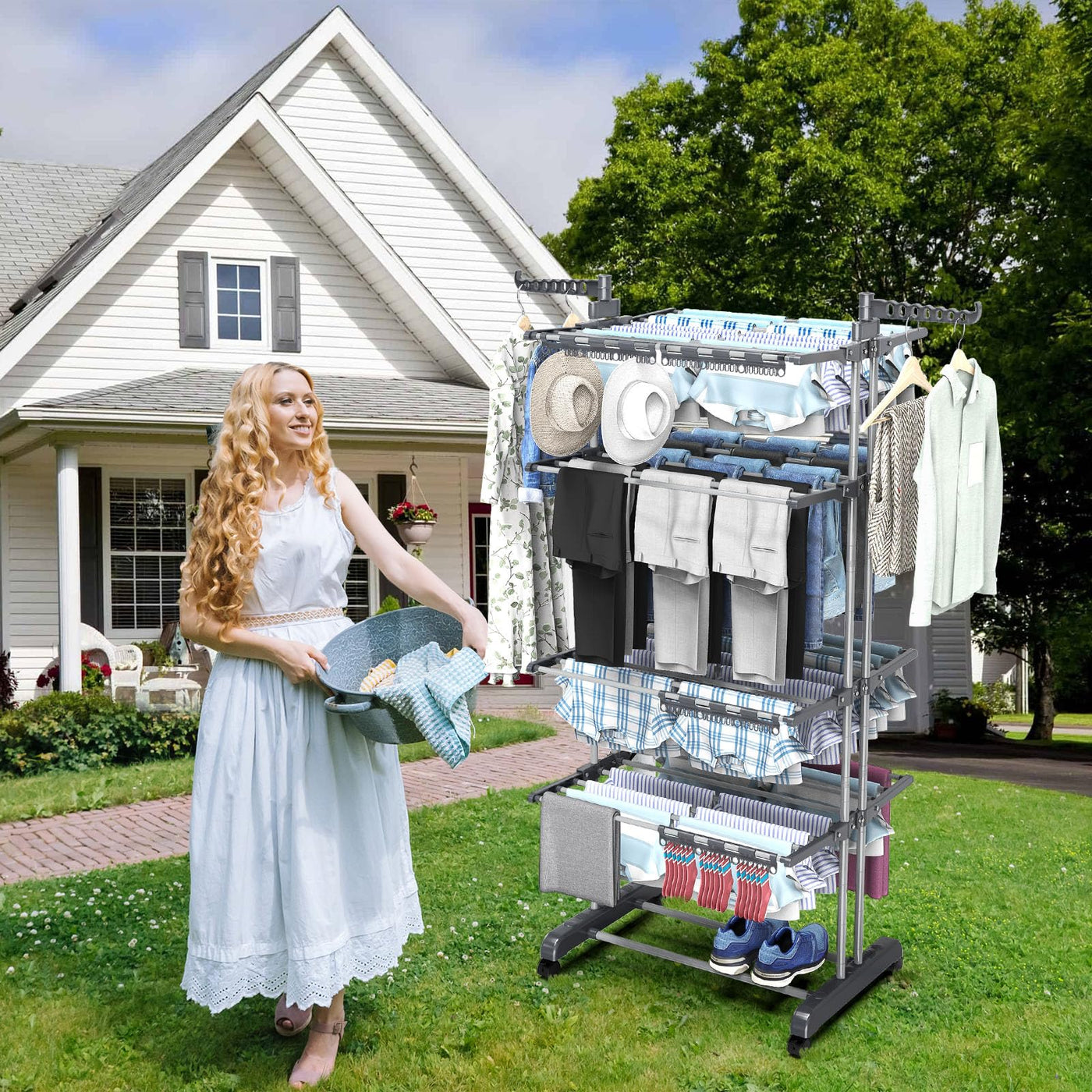 johgee 5 Ebenen Wäscheständer Wäschetrockner Turm mit Rollen, Höhenverstellbar klappbarer Waschestander mit 8 Klappbare Flügel und 4 Sockenklammern, Edelstahl Standtrockner Wäscheturm für Innen&Außen