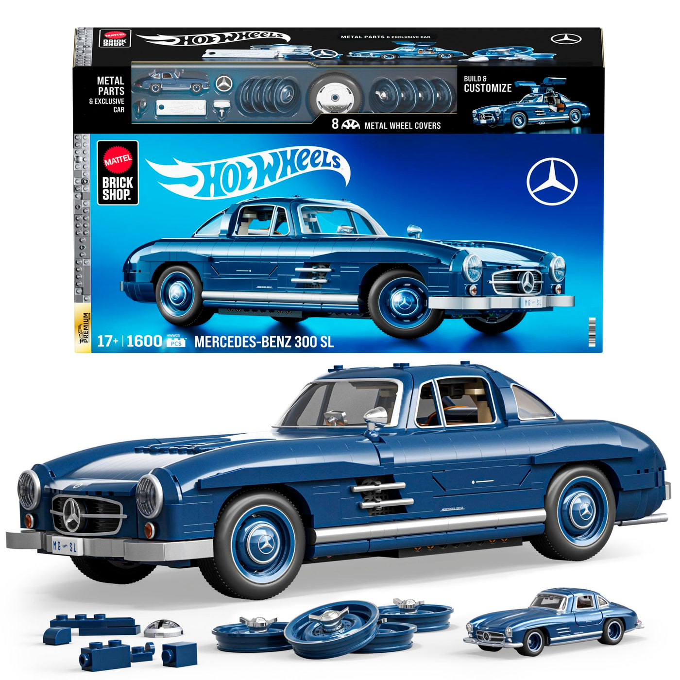 Mattel Brick Shop Hot Wheels Premium Serie Bauset, Mercedes-Benz 300 SL mit 1600 Teilen, realistischen Details und Metallteilen, für Sammler, HWW25, [Mehrfarbig]