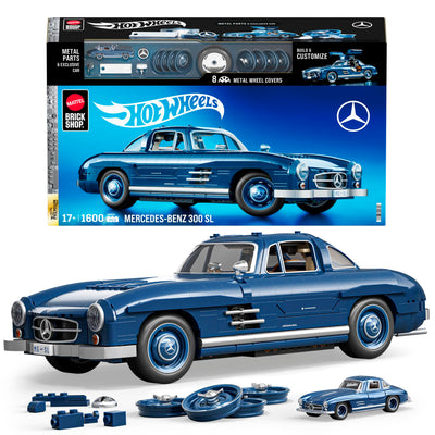 Mattel Brick Shop Hot Wheels Premium Serie Bauset, Mercedes-Benz 300 SL mit 1600 Teilen, realistischen Details und Metallteilen, für Sammler, HWW25, [Mehrfarbig]