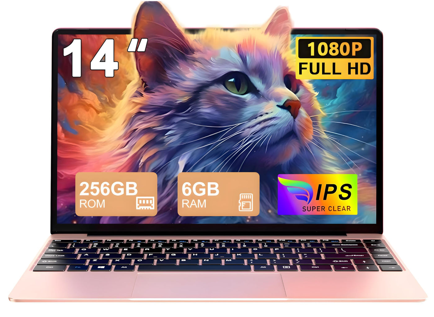 NOTODD 2025 Laptop 14 Zoll Win11 Celeron N4020 256GB SSD Unterstützung 1TB (TF 512GB) Full Metal Notebook 1080P 5G WiFi Mini HDMI & Kabellose Maus Tastaturfolie für Tastatur-Gold