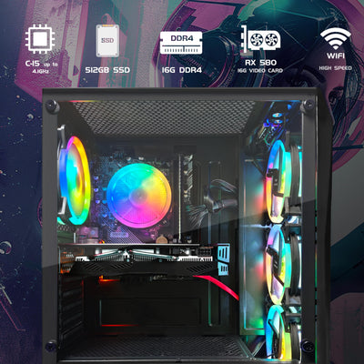 STGsivir Gaming PC, Radeon RX 580 16 GB, Core i5-9400F bis zu 4.1 GHz, 16 GB DDR4 RAM, 512 GB SSD, 600M WiFi, BT 5.0, RGB Fanx4, W11H64, Gamer PC Computer Desktop Rechner