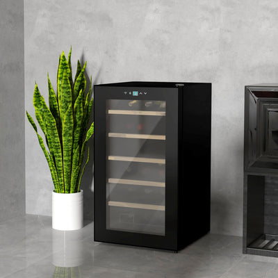 HOMCOM Weinkühlschrank, 65 L Getränkekühlschrank für 24 Flaschen, Weinklimaschrank, Flaschenkühlschrank mit Innenbeleuchtung, Touch, 5-20°C, Schwarz