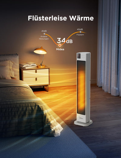 Midea NTH20-22GR(WH) Energy-Saving Quiet Fan Heater with Remote Control, PTC 2000 Watt Ceramic Fan Heater with Thermostat, 2 Heat Settings, 24H Timer, Eco Mode, for Large Rooms, 75° Oscillation, 76.5