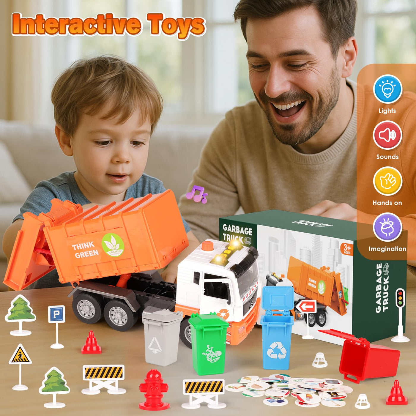 BunnyJOY Müllauto Spielzeug ab 3 4 5 6 Jahre Junge, Große Müllwagen Spielzeug mit Mülltonnen, Spielzeugautos Fahrzeuge, Geschenk Lernspielzeug für Kinder, Orange