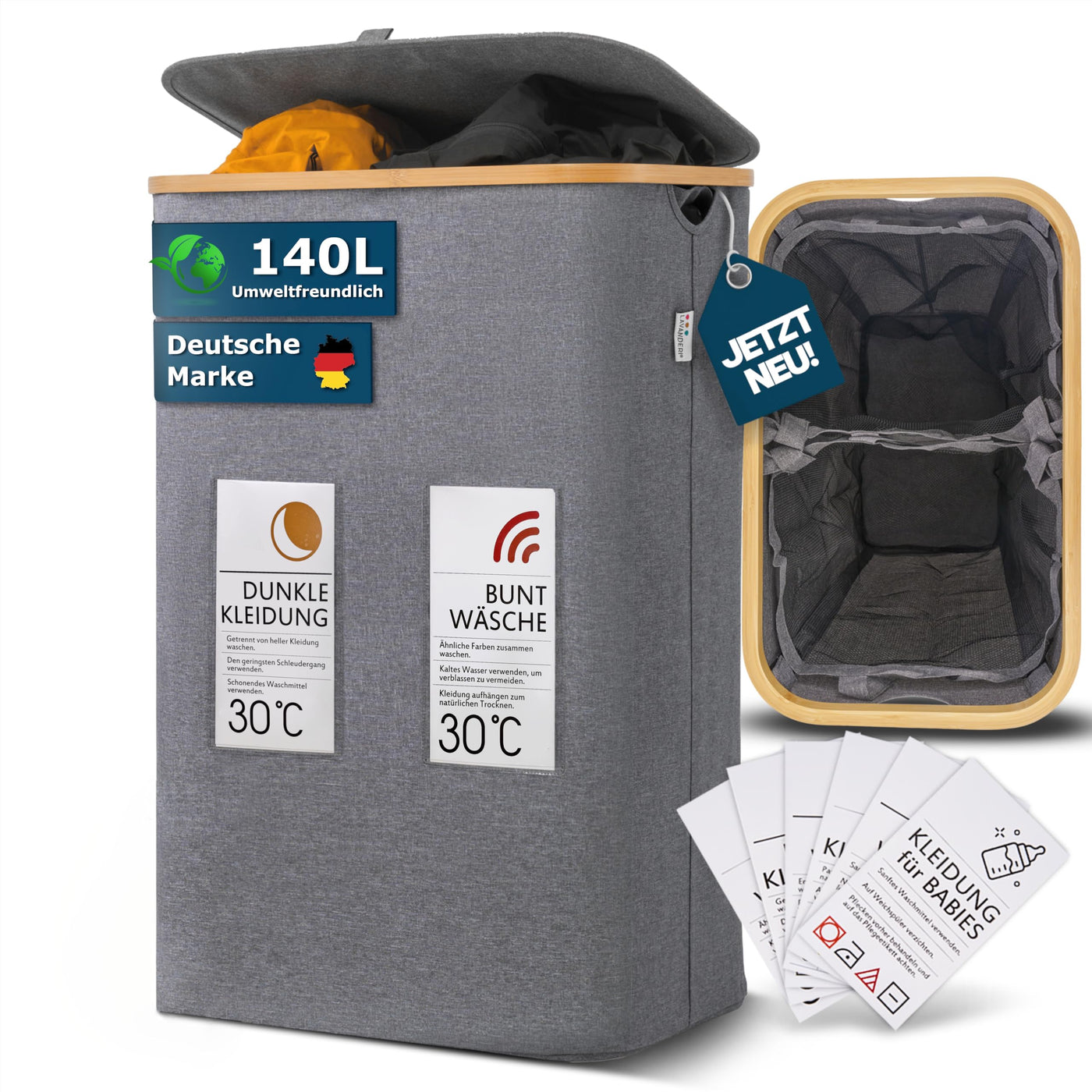 Lavanderi® Wäschekorb 2 Fächer & Deckel [schmal grau 140L XL] - Faltbare Wäschebox mit Waschhinweisen - Wäschesammler groß als Schmutzwäschebehälter - Laundry basket organizer with smartcards