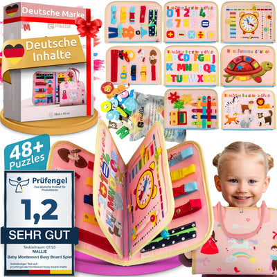 Mallie® Busy Board Deutsch inkl. Gratis Reisetasche & Montessori Buch und Perfekt für Reisen im Auto, Zug oder Flugzeug I100% BPA-Frei als Quiet Book & Busy Book I Activity Board Busy Book