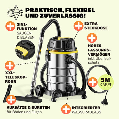 Monzana® Nass Trockensauger 5in1 Industriestaubsauger 2400W 30L Edelstahl Steckdose Nasssauger mit Blasfunktion Laub Push&Clean Waschsauger Beutellos