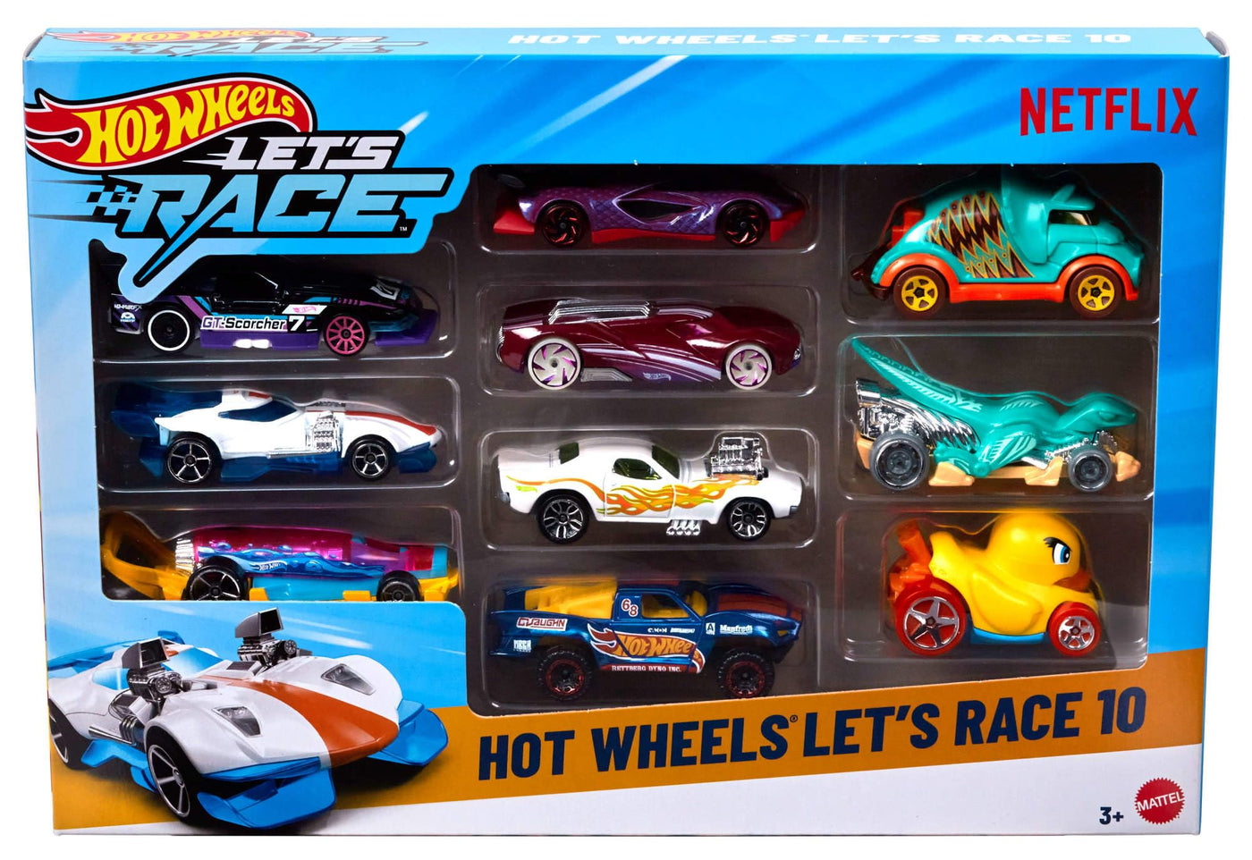 Hot Wheels Spielzeugautos und Spielzeugtrucks, Let’s Race 10er-Pack, Set mit 10 Fahrzeugen im Maßstab 1:64 aus der animierten Netflix-Serie zum Spielen oder Ausstellen (Stile können abweichen), JGN40