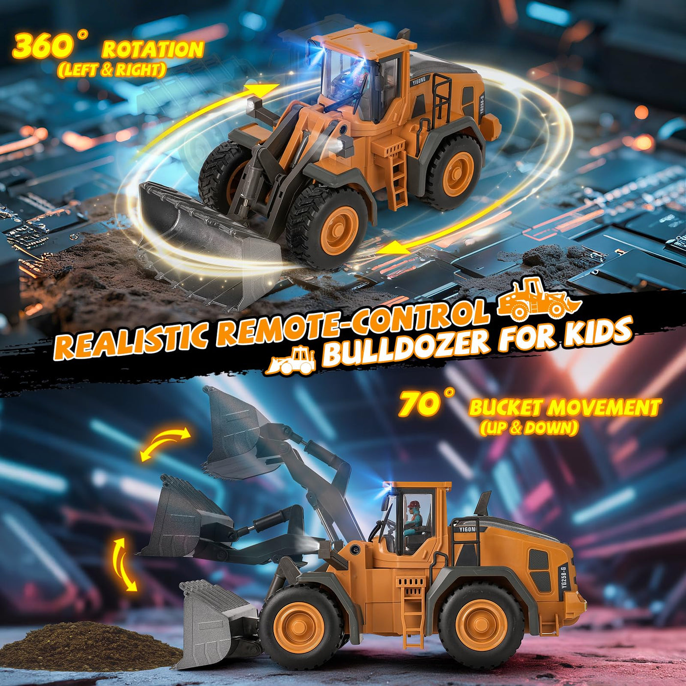 Ferngesteuerter Bagger Spielzeug Radlader Bulldozer mit Licht&Sound für Jungen 3-12 Jahre, 2,4GHz RC Bagger Bulldozer mit Metallschaufel, Baustellenfahrzeuge Kinder Geschenk für Geburtstag/Weihnachten