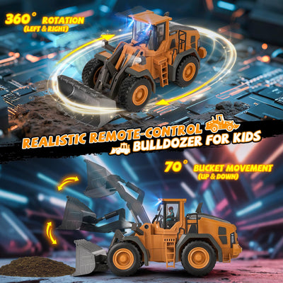 Ferngesteuerter Bagger Spielzeug Radlader Bulldozer mit Licht&Sound für Jungen 3-12 Jahre, 2,4GHz RC Bagger Bulldozer mit Metallschaufel, Baustellenfahrzeuge Kinder Geschenk für Geburtstag/Weihnachten