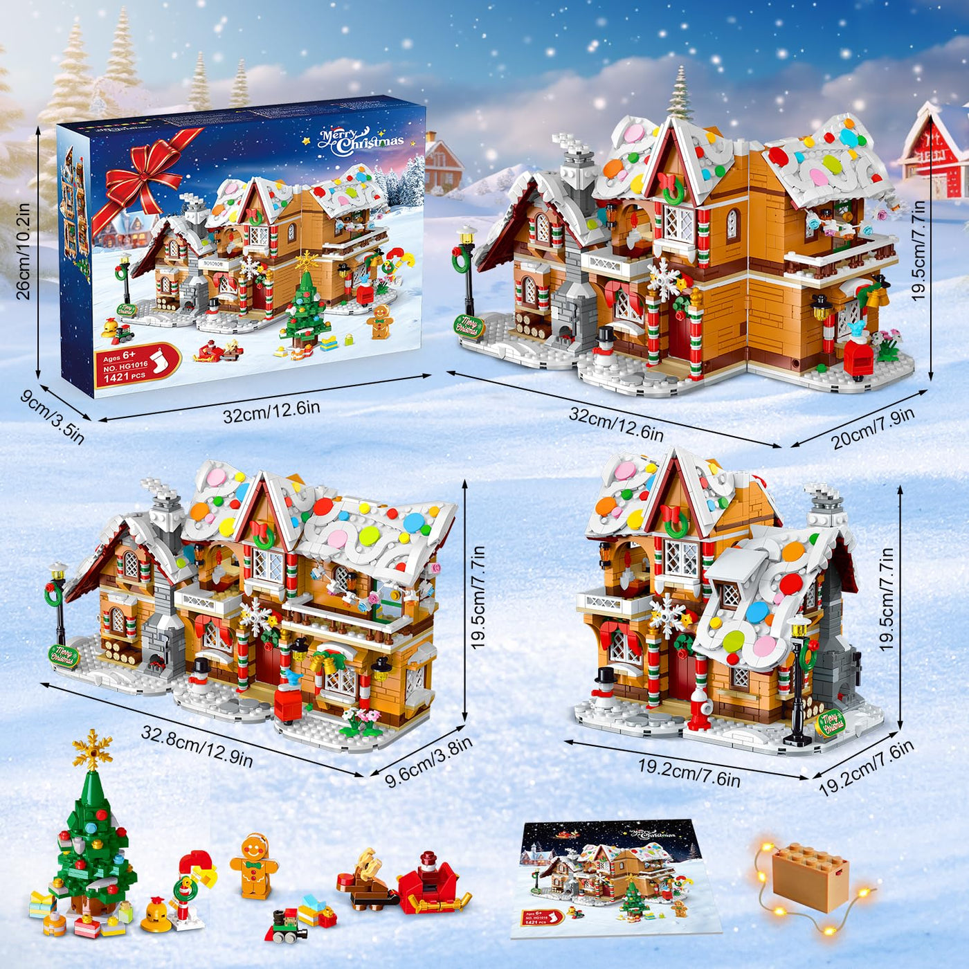 3 Stilmodi Weihnachts Lebkuchenhaus Bausatz mit Lichtern – 2025 Weihnachtsdorf Haus Bausteinset mit Weihnachtsmann Weihnachtsbaumzug Geschenk für Erwachsene Kinder Mädchen Jungen ab 6+ (1477 Teile)