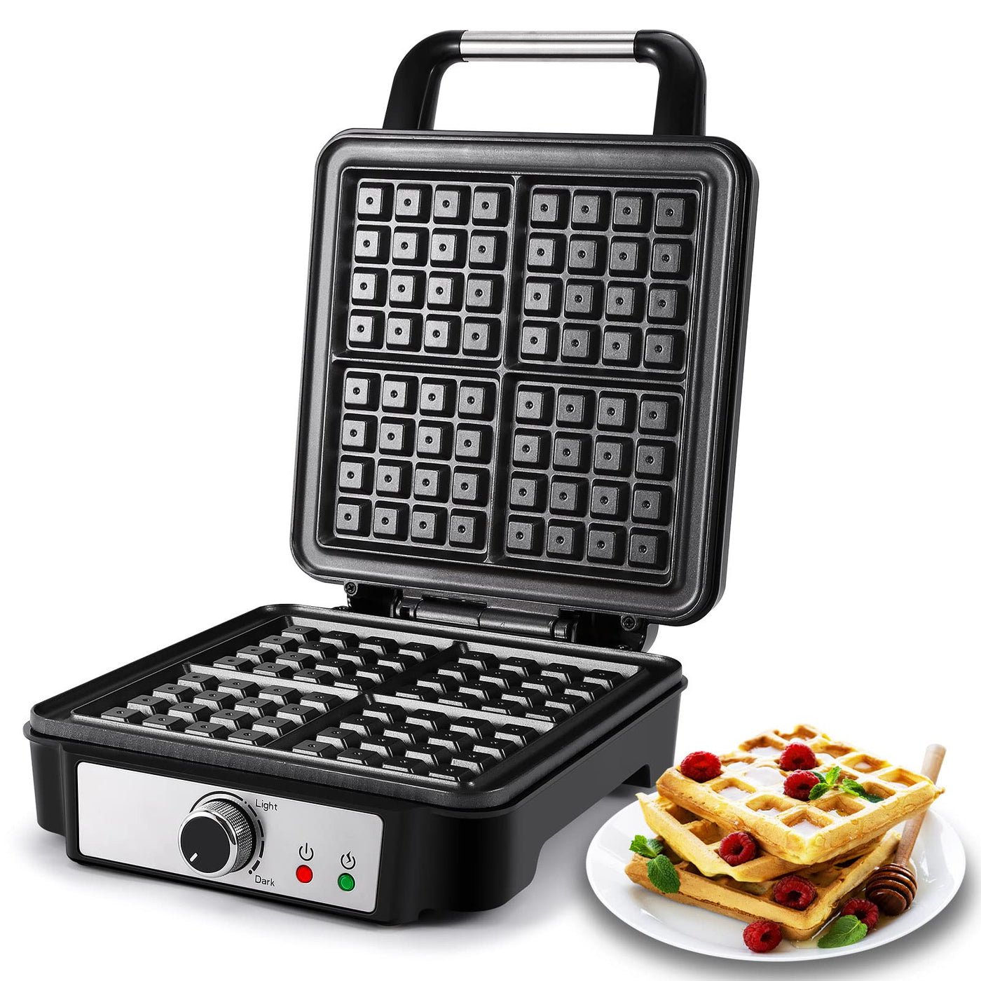 YASHE Waffeleisen Belgische Waffel, 4-Scheiben Quadratisches Belgisches Waffeleisen, 5 Bräunungsknopf, Kontrollleuchten, Anti-Überlauf, Antihaftbeschichtung, 1200W, Silber/Schwarz