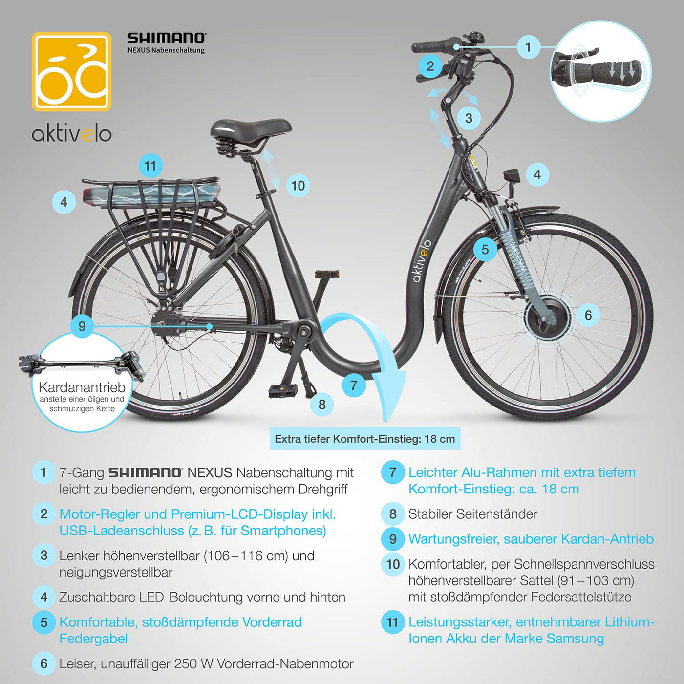 aktivelo Elektrofahrrad, Alu Tiefeinsteiger City E-Bike 26 Zoll, Shimano 7 Gang Nexus Nabenschaltung, Abnehmbar 36V 14,5Ah 522Wh Akku, 25 km/h bis 110 km, für Damen und Herren