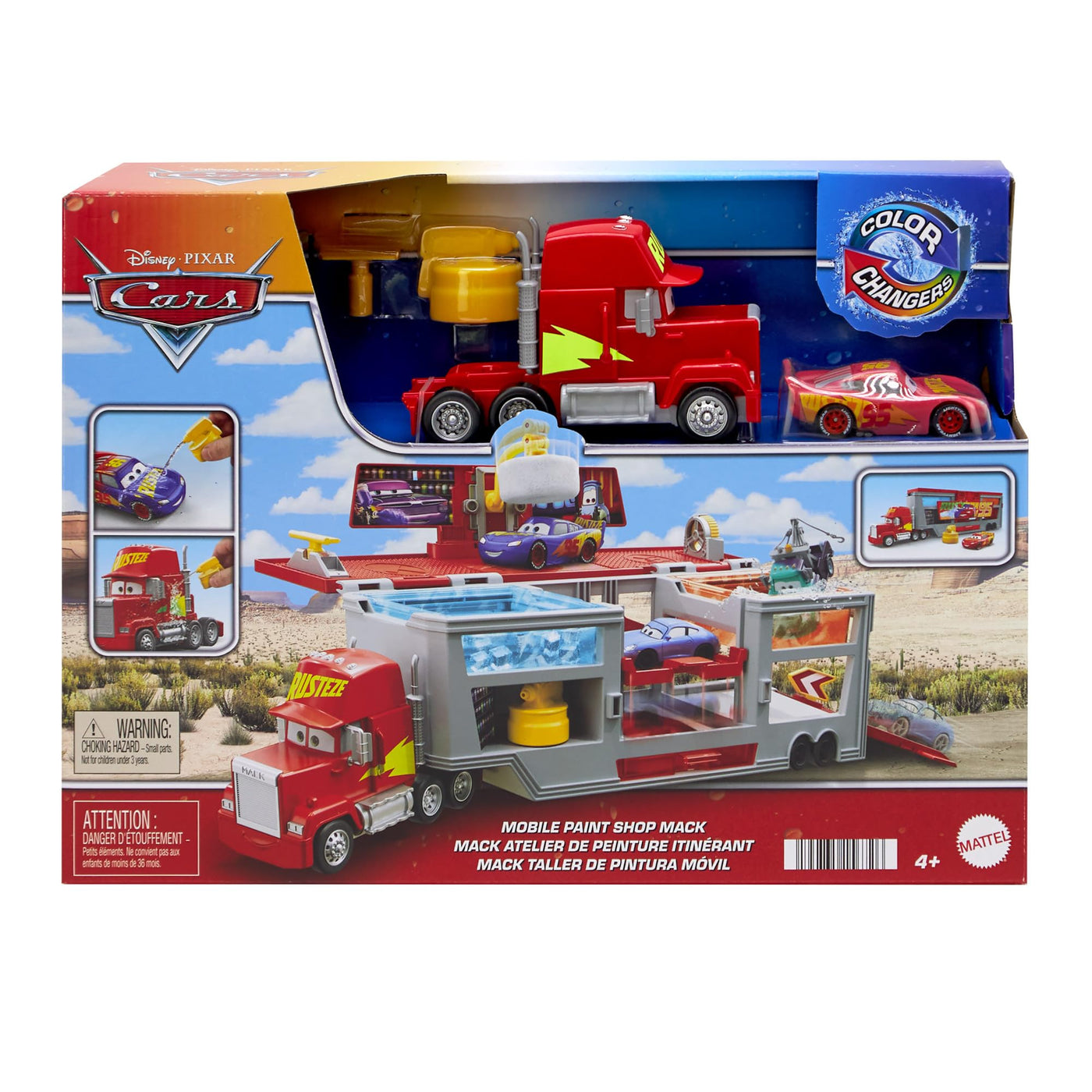Mattel DISNEY Pixar Cars mobile Lackiererei Mack - Spielset mit Farbwechseleffekt, Lightning McQueen Spielzeugauto, Farbveränderung mit warmem und kaltem Wasser, für Kinder ab 4 Jahren, HPD82