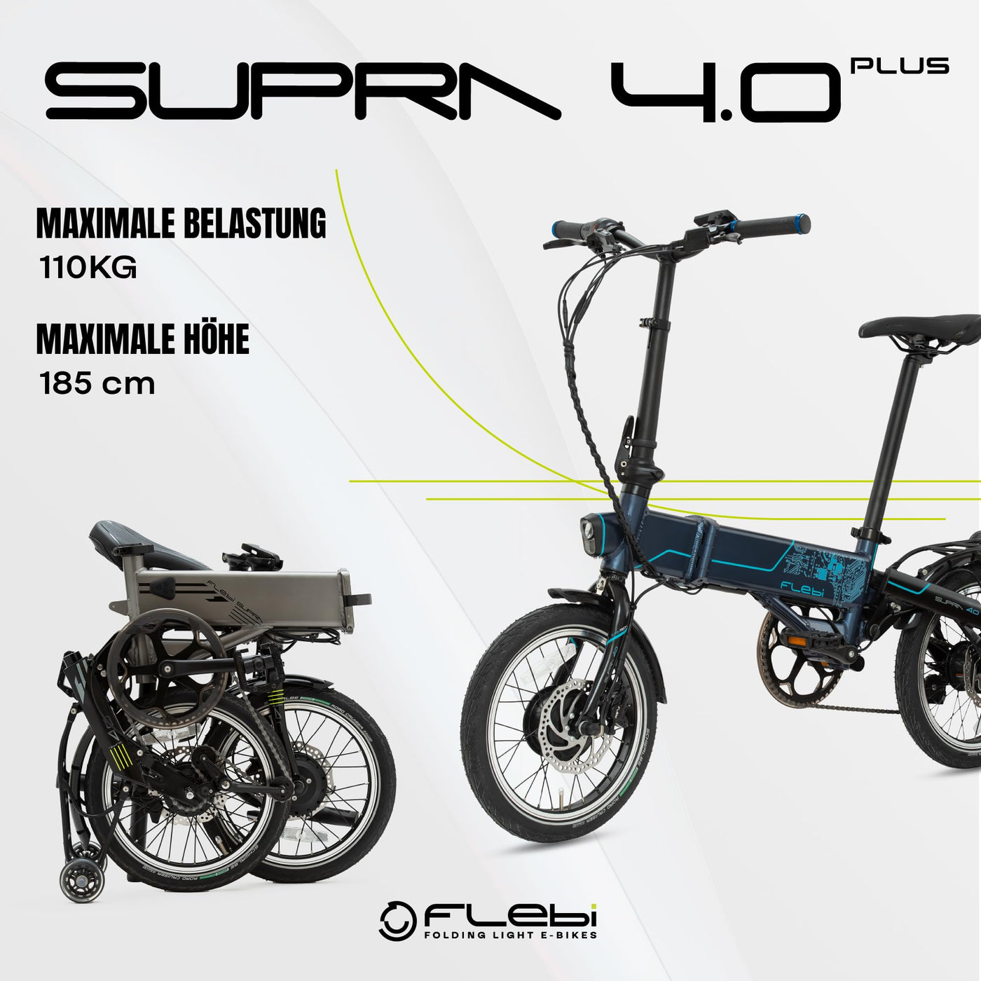 Flebi Supra 4.0+ Klapprad Elektrisch 16" | Reichweite 100 km | Abnehmbarer Akku 14Ah/504Wh | 7 Gänge | Kompaktes und Leichtes E-Bike für Erwachsene/Teenager, Unisex für Damen/Herren (Technisch Blau)