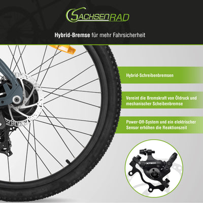 SachsenRAD E-Bike Mountain Bike R8 Ranger mit StVZO-Zertifiziert, 27,5 Zoll,Hydraulischen Scheibenbremsen,7-Gang Schaltung,LCD-Display,36V Vollintegriertem Akku,On und Off-Road Reifen-Grau