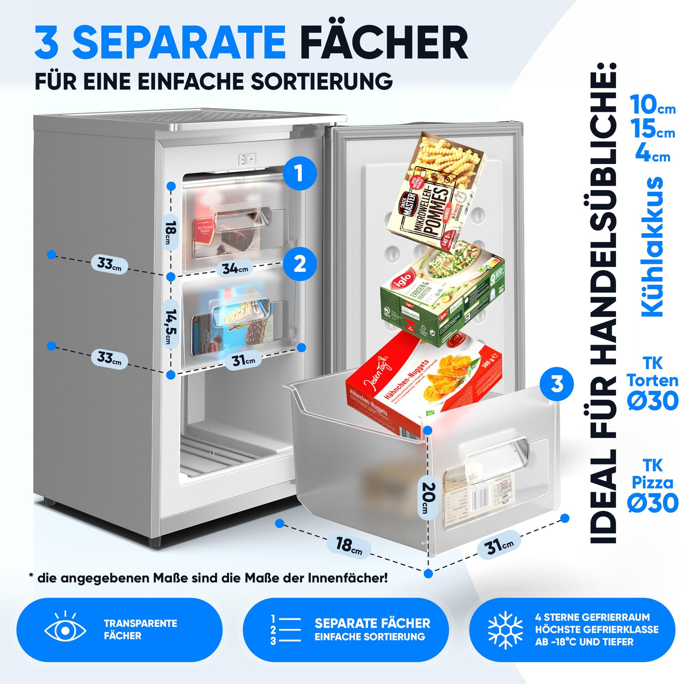 Stillstern Gefrierschrank C (73L) 4-Sterne-Gefrierfach -18°C, geringer Energieverbrauch, 3 Fächer, stufenlos regelbare Temperatur, wechselbarer Türanschlag, Gefrierschrank Klein, Tiefkühlschrank