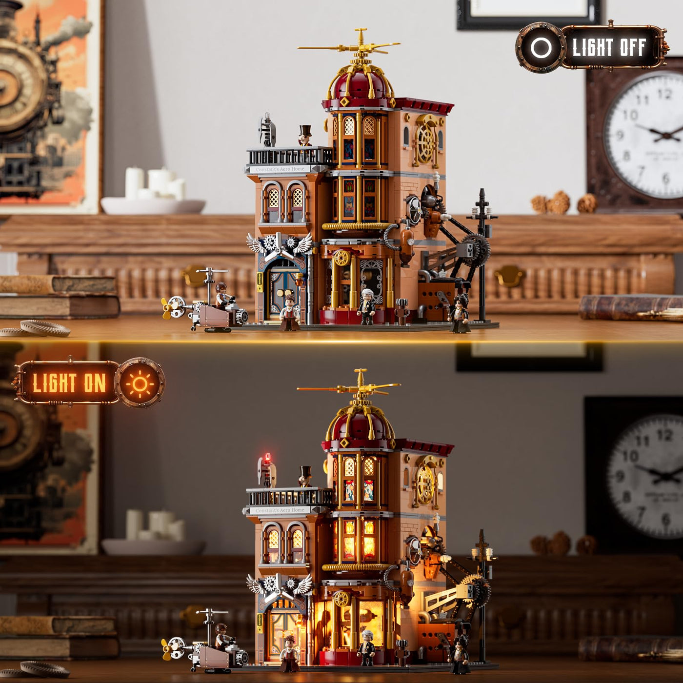 FUNWHOLE Steampunk Flugclub Beleuchtetes Baustein-Set - 1858 Teile Modularer Baukasten Sammler-Set für Erwachsene und Jugendliche